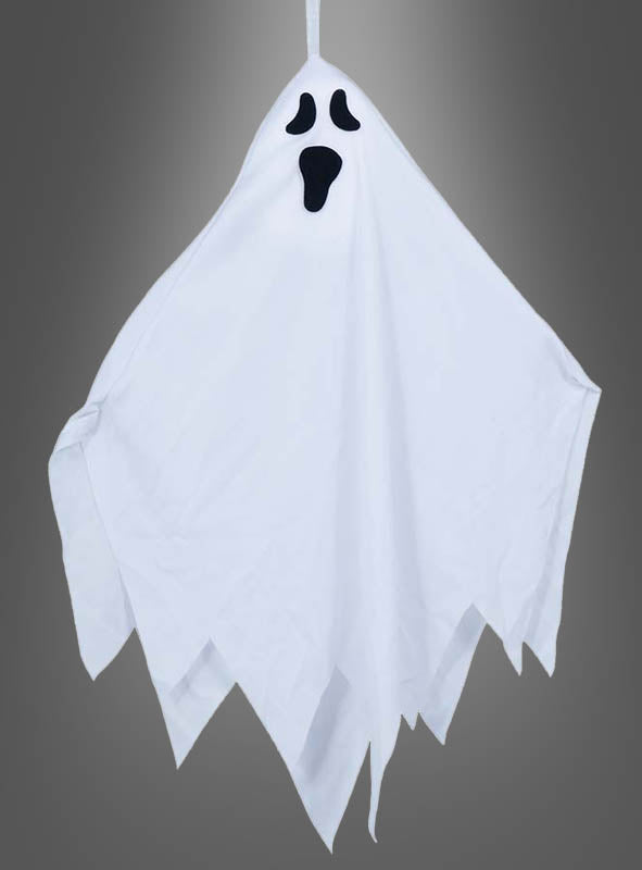 Eine weiße „Freundlicher Geist“-Halloween-Dekoration (45 cm) mit schwarzen Augen und schwarzem Mund hängt vor einem grauen Hintergrund und ist damit eine bezaubernde Ergänzung für jede Halloween-Dekoration für Kinder.