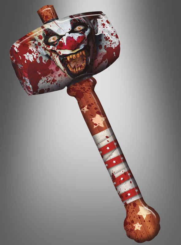 Schwing den „Riesiger Clown Hammer 90 cm aufblasbar“ – einen überdimensionalen aufblasbaren Hammer mit einem furchterregenden Clownsgesicht und einem sternenbesetzten, gestreiften Griff –, um deinen gruseligen Halloween-Look mit dem perfekten Statement-Accessoire abzurunden!.