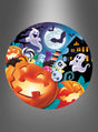Eine Cartoon-Szene mit Kürbislaternen, Geistern, einem Spukhaus, Süßigkeiten, Fledermäusen und einem Vollmond am Nachthimmel – darunter die große, süße 32-cm-Halloween-Schale, die vor Leckereien nur so überquillt und Teil der perfekten Halloween-Partydekoration ist.