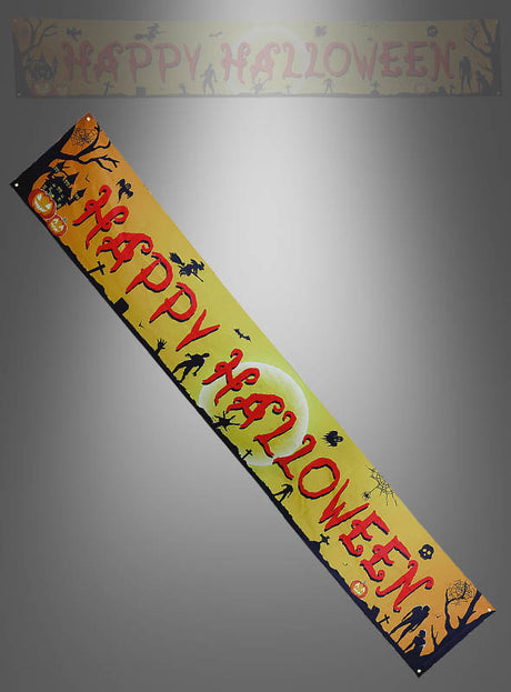 Das „Happy Halloween“-Banner (290 x 50 cm) ist auf grauem Hintergrund abgebildet und zeigt auffällige rote Buchstaben sowie Silhouetten von Kürbissen, Fledermäusen, Bäumen und einem Spukhaus.