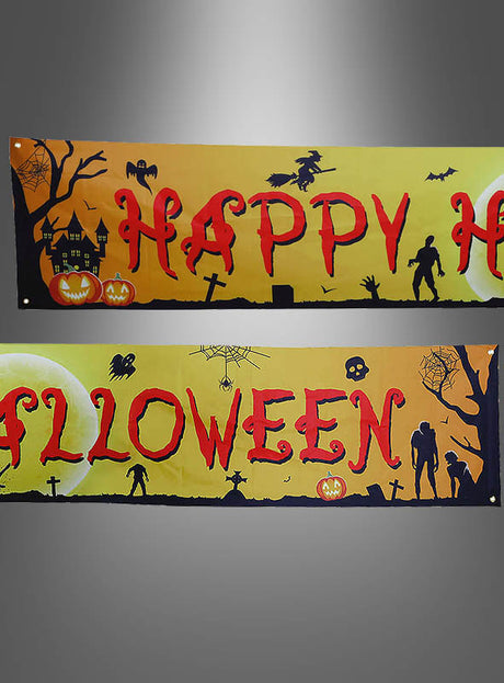 Das „Happy Halloween“-Banner (290 x 50 cm) besticht durch einen auffälligen roten Schriftzug „Happy Halloween“ vor einem leuchtend gelb-orangefarbenen Hintergrund, verziert mit Silhouetten von Spukhäusern, Kürbissen, Fledermäusen, Zombies und Bäumen – damit ist es das ideale Halloween-Party-Banner, um bei Ihrer Feier eine festliche und gruselige Atmosphäre zu schaffen.