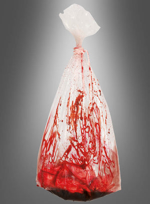 Die Halloween-Dekoration „Blutiger Beutel mit Seil“ besteht aus einer durchsichtigen Plastiktüte, die oben zusammengebunden ist, mit Spritzern versehen und teilweise mit Kunstblut gefüllt ist, um einen dramatischen „Blutiger Beutel“-Effekt zu erzielen – perfekt als Halloween-Dekoration vor einem grauen Hintergrund mit Farbverlauf.