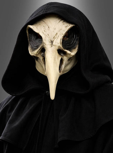 Eine Person, die einen schwarzen Kapuzenmantel und eine „Krähen Schädel“-Halloween-Maske im Stil eines Pestdoktors mit langem Schnabel trägt, steht vor einem schlichten grauen Hintergrund.