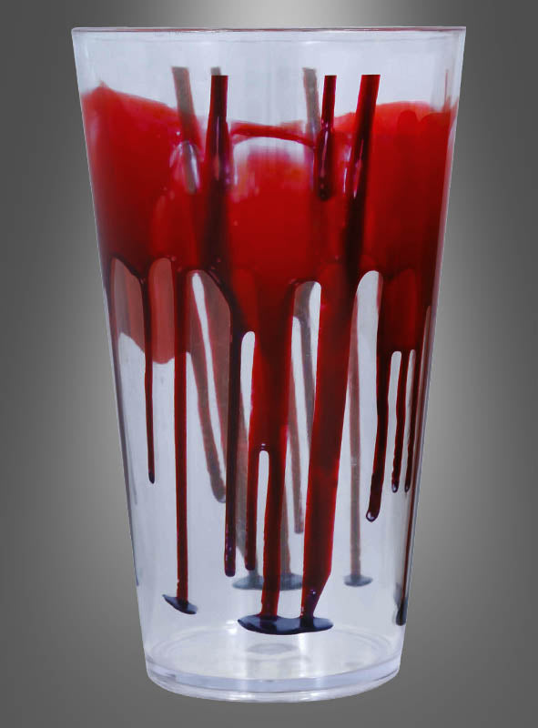 Ein Halloween-Trinkglas mit Blut (330 ml), dessen klares Glas von roten Flüssigkeitsstreifen durchzogen ist – perfekt als gruselige Blut-Dekoration für deine nächste Halloween-Party.