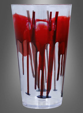 Ein Halloween-Trinkglas mit Blut (330 ml), dessen klares Glas von roten Flüssigkeitsstreifen durchzogen ist – perfekt als gruselige Blut-Dekoration für deine nächste Halloween-Party.