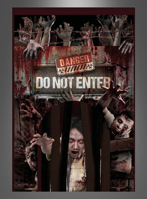 Eine Armee von Zombies streckt ihre Hände durch ein vergittertes Tor, an dem ein blutbespritztes Schild mit der Aufschrift „Gefahr: Zutritt verboten“, umgeben von greifenden Händen und Stacheldraht – die perfekte Inspiration für Ihren gruseligen Saison-Einstieg mit dem Tür-Deko-Vorhang „Zombie“ 145 x 240 cm als Halloween-Eingangsdekoration oder Türdekoration.