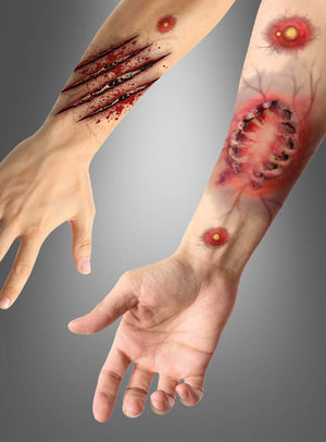 Verleihen Sie Ihrem Halloween-Kostüm mit den „Bisswunden“-Tattoo-Wunden das gewisse Etwas: zwei Unterarme, verziert mit realistischen temporären Tattoos, die blutige Wunden, Kratzer und Hautveränderungen zeigen, die Verletzungen oder Infektionen ähneln. Diese Tattoos sorgen vor einem neutralen grauen Hintergrund für einen beeindruckend lebensechten Effekt – perfekt für einen wirklich überzeugenden Look.