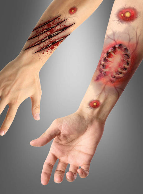 Verleihen Sie Ihrem Halloween-Kostüm mit den „Bisswunden“-Tattoo-Wunden das gewisse Etwas: zwei Unterarme, verziert mit realistischen temporären Tattoos, die blutige Wunden, Kratzer und Hautveränderungen zeigen, die Verletzungen oder Infektionen ähneln. Diese Tattoos sorgen vor einem neutralen grauen Hintergrund für einen beeindruckend lebensechten Effekt – perfekt für einen wirklich überzeugenden Look.
