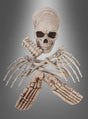Der Schädel eines menschlichen Skeletts, gekreuzte Armknochen und gekreuzte Fußknochen, angeordnet vor einem grauen Farbverlaufshintergrund, sorgen bei „Menschliche Skelettknochen mit Schädel“ für einen eindrucksvollen Anblick – ideal als auffällige Totenschädel-Dekoration für die Halloween-Tischdekoration oder zur Präsentation authentisch nachgebildeter menschlicher Knochen.