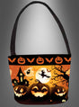 Süßigkeitentasche „Kürbis Halloween“ – eine Tasche im Halloween-Design mit Kürbissen, Fledermäusen, einem Spukhaus, einer fliegenden Hexe, einem Geist und einem Vollmond in leuchtendem Orange, Schwarz und Gelb – das perfekte Accessoire oder die ideale Süßigkeitentasche für stilvolles „Trick-or-Treat“ an Halloween.