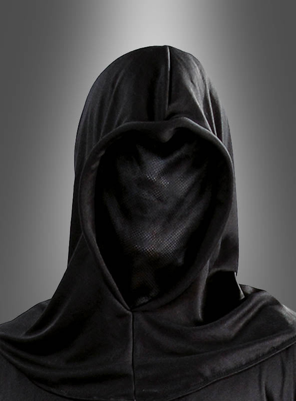 Eine Person in einem schwarzen Scharfrichter-Kostüm mit einer Henkerkapuze für Erwachsene, die ihr Gesicht verdeckt, steht vor einem grau abgestuften Hintergrund.
