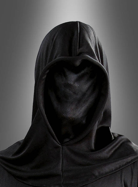 Eine Person in einem schwarzen Scharfrichter-Kostüm mit einer Henkerkapuze für Erwachsene, die ihr Gesicht verdeckt, steht vor einem grau abgestuften Hintergrund.