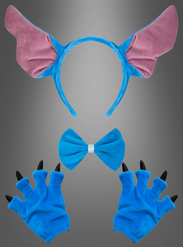 Blaues Alien-Monster-Kostüm-Set: Enthält ein blau-rosa Stirnband mit Tieröhrchen, eine blaue Fliege und blaue Handschuhe mit schwarzen Krallen, alles vor grauem Hintergrund – perfekt für dein blaues Alien-Kostüm oder Monster-Kostüm. Die blauen Monsteröhrchen verleihen jedem Kostüm-Ensemble einen verspielten Akzent.