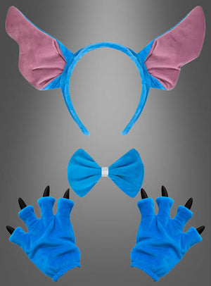 Blaues Alien-Monster-Kostüm-Set: Enthält ein blau-rosa Stirnband mit Tieröhrchen, eine blaue Fliege und blaue Handschuhe mit schwarzen Krallen, alles vor grauem Hintergrund – perfekt für dein blaues Alien-Kostüm oder Monster-Kostüm. Die blauen Monsteröhrchen verleihen jedem Kostüm-Ensemble einen verspielten Akzent.