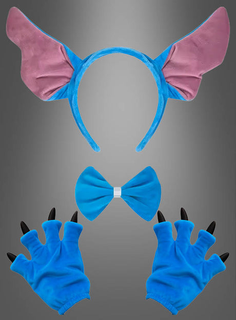 Blaues Alien-Monster-Kostüm-Set: Enthält ein blau-rosa Stirnband mit Tieröhrchen, eine blaue Fliege und blaue Handschuhe mit schwarzen Krallen, alles vor grauem Hintergrund – perfekt für dein blaues Alien-Kostüm oder Monster-Kostüm. Die blauen Monsteröhrchen verleihen jedem Kostüm-Ensemble einen verspielten Akzent.