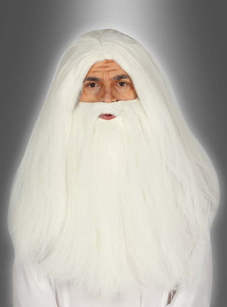 Eine Person mit langen weißen Haaren und einem vollen weißen Bart und Schnurrbart, die das „Merlin Perücke und Bart Set“ trägt und vor einem schlichten grauen Hintergrund mit Farbverlauf nach vorne blickt.