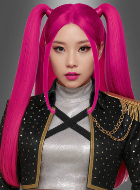 Eine Frau, die die K-Pop-Perücke „Mari mit Zöpfen in Pink“ trägt – eine lange, leuchtend pinkfarbene Perücke, die zu Zöpfen frisiert ist –, kombiniert diese mit einem silbernen Oberteil und einer schwarzen Jacke mit goldenen Akzenten, während sie vor einem schlichten grauen Hintergrund posiert.