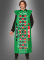 Eine Person lächelt und trägt das „Roulette-Tisch-Kostüm im Casino-Stil“, das kreativ so gestaltet ist, dass es einem grünen Casino-Roulette-Tisch ähnelt, während sie vor einem schlichten grauen Hintergrund steht.