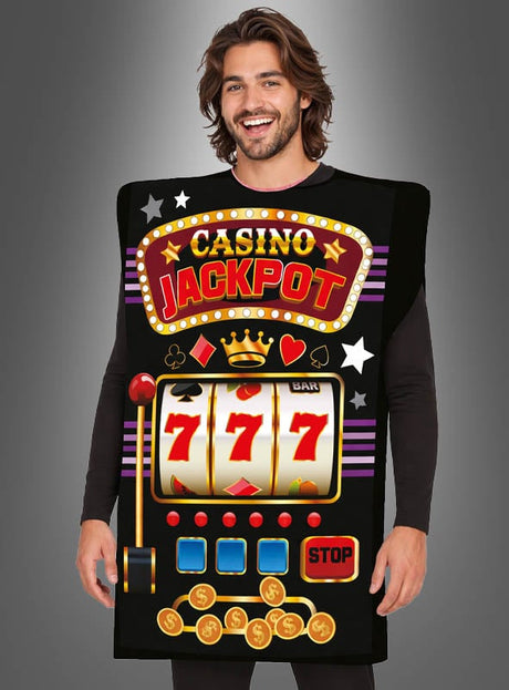Eine Person, die das „Casino Jackpot“-Kostüm trägt, das so gestaltet ist, dass es wie ein Spielautomat aussieht, auf dem ein Jackpot mit drei roten Siebenen angezeigt wird.