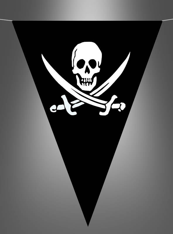 Verleihen Sie Ihrem nächsten Kindergeburtstag oder Ihrer nächsten Piratenparty mit der „Piraten-Wimpelkette 5 Meter“ eine auffällige Note: Die Kette besteht aus schwarzen dreieckigen Fähnchen, die mit einem weißen Totenkopf über zwei gekreuzten Schwertern verziert sind – ein echter Blickfang für jede Feier im Piraten-Stil!.