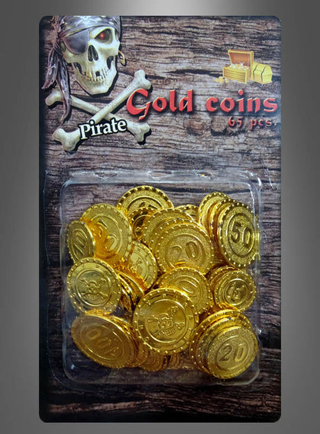 Set mit 65 goldenen Plastikmünzen namens „Piraten Geld Goldschatz“ in verschiedenen Nennwerten, präsentiert auf einer Karte mit einem Piratentotenkopf und der Aufschrift „Piraten-Goldmünzen“ – eine perfekte Ergänzung für jede Piratenschatz-Sammlung.