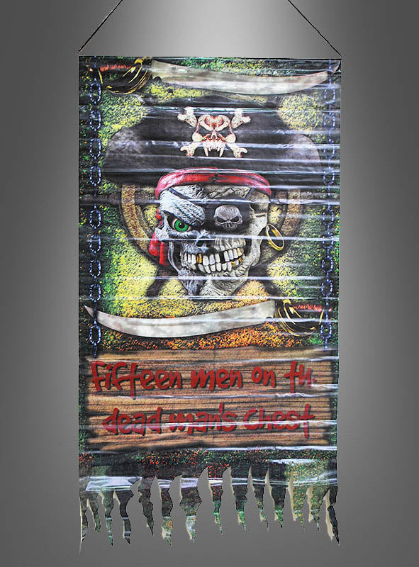 Wir präsentieren das bunte Piratenbanner 120 x 55 cm: Ein auffälliges Piratenbanner mit Totenkopf, Knochen und Schwertern sowie dem Schriftzug „Fifteen men on the dead man’s chest“ in leuchtend roten Buchstaben. Diese zerzauste Piratenfahne eignet sich perfekt als Wanddekoration für alle Fans der Piratenpartei oder Liebhaber klassischer Piratengeschichten.