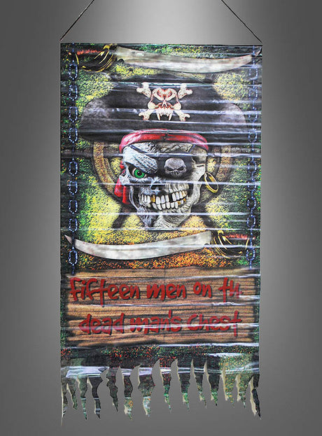 Wir präsentieren das bunte Piratenbanner 120 x 55 cm: Ein auffälliges Piratenbanner mit Totenkopf, Knochen und Schwertern sowie dem Schriftzug „Fifteen men on the dead man’s chest“ in leuchtend roten Buchstaben. Diese zerzauste Piratenfahne eignet sich perfekt als Wanddekoration für alle Fans der Piratenpartei oder Liebhaber klassischer Piratengeschichten.