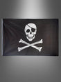 Eine schwarze Große Piratenflagge (90 x 150 cm) mit einem weißen Totenkopf mit Augenklappe über zwei gekreuzten Knochen, bekannt als „Jolly Roger“-Piratenflagge, vor einem grauen Hintergrund mit Farbverlauf – perfekt für jeden aufregenden Piraten-Kindergeburtstag.
