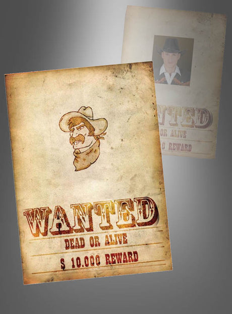 Hier ist eine überarbeitete Version mit Ihrem Produktnamen und Ihren Angaben: Der Wild-West-Steckbrief „Wanted“ enthält zwei altmodische Steckbriefe: Auf dem einen ist ein Cartoon-Cowboy mit einer Belohnung von 10.000 Dollar zu sehen, auf dem anderen ein unscharfes Foto einer Person mit Cowboyhut. Diese lustigen Western-Motive eignen sich perfekt als Wanddekoration für jeden Kindergeburtstag oder jede Party unter dem Motto „Wilder Westen“.
