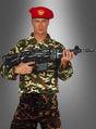 Ein Mann in einer Tarnuniform und einem roten Barett hält das „Aufblasbare Maschinengewehr 90 cm“, eine große, aufblasbare Waffe im Science-Fiction-Stil – perfekt für Ihr nächstes Karnevalskostüm –, während er vor einem schlichten grauen Hintergrund steht.