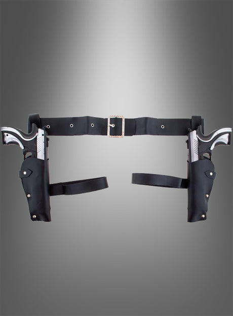 Ein „Beinholster mit 2 Pistolen für Damen“ – ein schwarzer Ledergürtel mit zwei silbernen Revolvern in Holstern – wird vor einem grauen Hintergrund mit Farbverlauf präsentiert und ist damit das ideale Accessoire, um Ihr authentisches Westernkostüm zu vervollständigen.