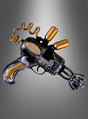Der „Steampunk Waffe Time Blaster“ ist eine Spielzeug-Strahlenpistole im Steampunk-Stil mit metallischen Gold- und Silberakzenten, einem schwarzen Griff, zwei laufartigen Düsen und einem gewundenen Zierdraht. Vor einem Hintergrund mit Farbverlauf fängt dieses einzigartige Steampunk-Accessoire die Essenz des klassischen Designs ein und verleiht jeder Sammlung einen fantasievollen Touch.