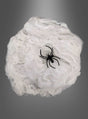 Eine schwarze Plastikspinne ruht auf einem runden Stück weißem Kunstspinnennetz vor einem grauen Hintergrund mit Farbverlauf – damit ist die „Spinnenweben Kleinpackung 20 g Tischdeko“ die perfekte Ergänzung für Ihre Halloween-Dekoration.