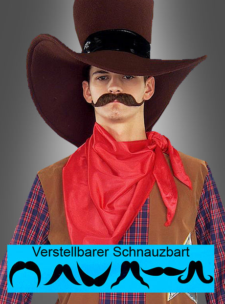 Eine Person mit großem Cowboyhut, rotem Schal und kariertem Hemd trägt den falschen Schnurrbart „Verstellbarer Schnauzbart schwarz“, darunter sind verschiedene Schnurrbartstile mit der Aufschrift „Verstellbarer Schnauzbart“ zu sehen.