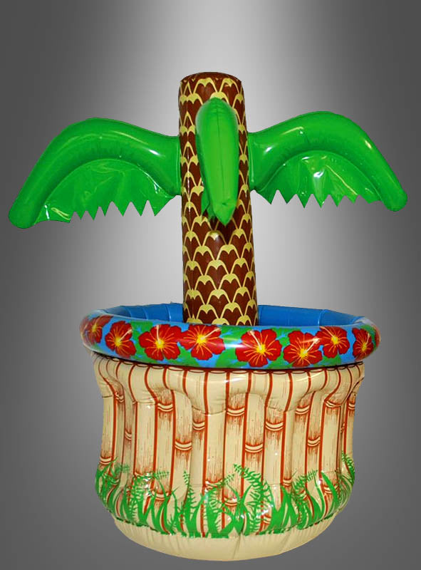 Getränkekühler 65 cm, Gartenpalme mit Bambus- und Blumenmuster vor einem grauen Hintergrund mit Farbverlauf – perfekt als aufblasbarer Palmen-Getränkekühler für deine nächste Gartenparty.