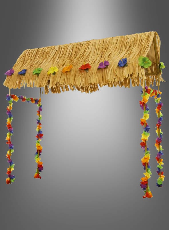 Verleihen Sie Ihrer nächsten Veranstaltung mit der Hawaii Tiki Hütte Bar das gewisse Etwas: Mit einem dekorativen Strohhütten-Dach, das mit leuchtenden Kunstblumen und zwei herabfallenden Girlanden aus Regenbogenblüten geschmückt ist, hebt sich diese festliche Dekoration deutlich von einem eleganten grauen Hintergrund mit Farbverlauf ab – ideal als Strandparty-Deko oder für einen auffälligen Tiki-Bar-Tischaufbau bei Ihrer nächsten Hawaii-Tiki-Hütte-Bar-Veranstaltung.