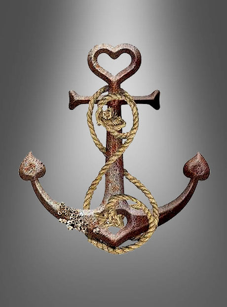 Riesiger Anker (50 x 55 cm) als Wanddekoration mit herzförmigen Enden und einer Schlaufe oben, umwickelt mit gelbem Seil auf grauem Hintergrund mit Farbverlauf – perfekt als Anker-Dekoration oder für deine nächste Piratenparty.