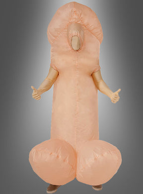 Eine Person, die das Kostüm „Aufblasbarer Riesenpenis für den Junggesellenabschied“ trägt, steht vor einem grau abgestuften Hintergrund und streckt beide Daumen nach oben – ein ideales, verrücktes Outfit für jede Junggesellenabschiedsfeier.