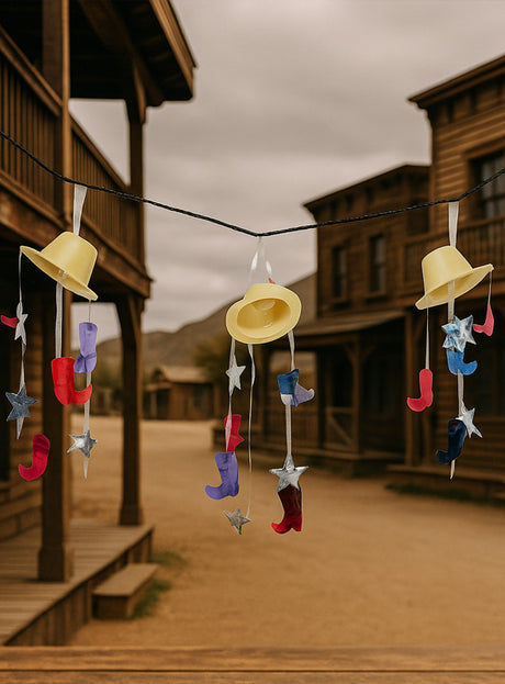 Gelbe Cowboyhüte, rote, blaue und lila Filzstiefel sowie silberne Sterne hängen an einer Schnur – das ist die Western-Girlande 365 cm; alte Western-Holzgebäude und ein staubiger Pfad bilden die perfekte Kulisse für eine Wild-West-Geburtstagsparty oder ein Cowboy-und-Indianer-Fest.