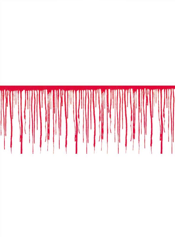 Eine gerade Linie aus roter Flüssigkeit tropft vor weißem Hintergrund nach unten und erweckt den Anschein von herabtropfender Farbe oder Blut – damit ist die „Blutige Wandbordüre Deko 610 x 30 cm“ die perfekte Ergänzung für Ihre nächste Horrorparty-Dekoration oder als gruselige Halloween-Wanddekoration.