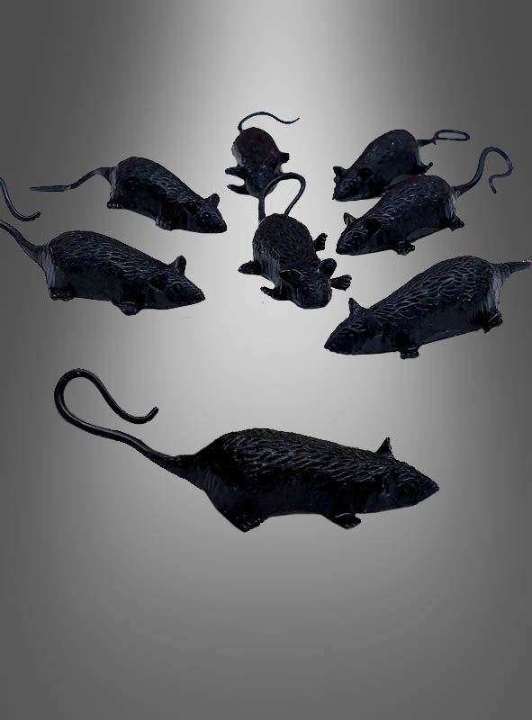 Acht der 8 kleinen Mäuse (7 cm) als Halloween-Dekoration sind in einer lockeren Kreisformation auf einem grau abgestuften Hintergrund angeordnet und bilden so eine auffällige Mäuse-Tischdekoration, die sich perfekt für Halloween-Feiern eignet. Diese Halloween-Accessoires eignen sich ideal als ungewöhnliches Mäuse-Gastgeschenk oder als Blickfang für deine gruselige Tischdekoration.