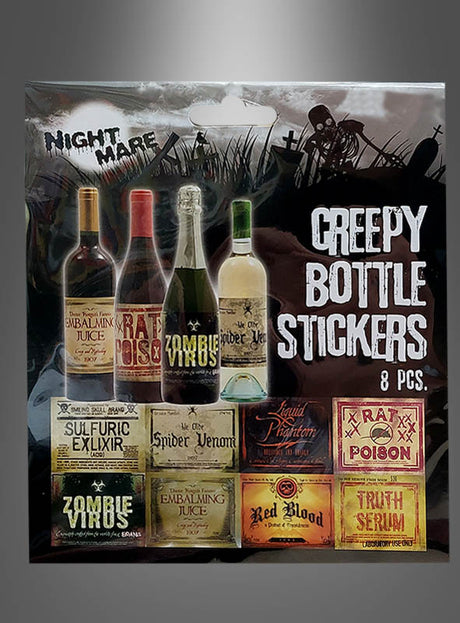 Eine Packung mit der Aufschrift „Flaschenetiketten Halloween 8er-Set“ enthält acht gruselige Aufkleber für Getränkeetiketten – darunter „Rattengift“, „Zombie-Virus“ und „Einbalsamierungsflüssigkeit“ –, die vor einem Friedhofshintergrund abgebildet sind und sich somit perfekt als gruselige Flaschenetiketten oder einzigartige Halloween-Dekoration für Ihre nächste Party eignen.