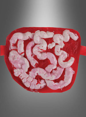 Ein Modell des menschlichen Darms aus rosa Material wird vor einem roten Hintergrund präsentiert, das an eine anatomische Abbildung erinnert und sich somit perfekt als „Eingeweide-Gedärme“-Kostüm-Accessoire für Ihre nächste Halloween-Party eignet.