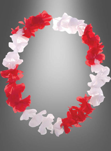 Wir präsentieren die „Blumenkette rot-weiß Hawaii“ – eine künstliche Lei aus abwechselnd roten und weißen Stoffblumen, die wunderschön angeordnet sind und sich vor einem grauen Hintergrund mit Farbverlauf abheben. Dieses farbenfrohe Accessoire ist perfekt für Ihr nächstes Karnevalskostüm oder Ihre nächste Hawaii-Party!.