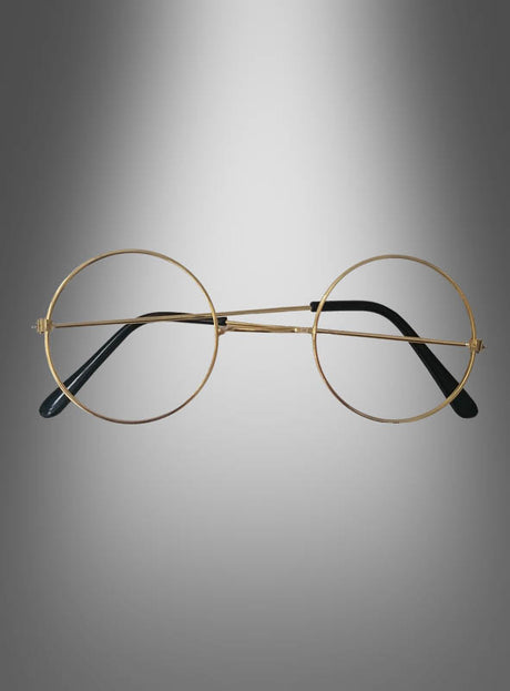Runde Nickelbrille mit Gläsern und schwarzen Bügeln, abgebildet vor einem grauen Hintergrund mit Farbverlauf – perfekt als i-Tüpfelchen für Ihr Weihnachtsmannkostüm.