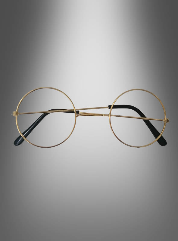 Runde Nickelbrille mit Gläsern und schwarzen Bügeln, abgebildet vor einem grauen Hintergrund mit Farbverlauf – perfekt als i-Tüpfelchen für Ihr Weihnachtsmannkostüm.