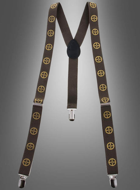 Zahnrad-Hosenträger im Steampunk-Stil mit braunen Trägern, verziert mit gelben fünfzackigen Sternmotiven und silbernen Clips vor einem grauen Farbverlaufshintergrund – diese Hosenträger sind ein einzigartiges Steampunk-Accessoire für jedes Outfit.