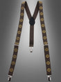 Zahnrad-Hosenträger im Steampunk-Stil mit braunen Trägern, verziert mit gelben fünfzackigen Sternmotiven und silbernen Clips vor einem grauen Farbverlaufshintergrund – diese Hosenträger sind ein einzigartiges Steampunk-Accessoire für jedes Outfit.