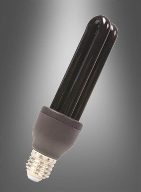 Die „Schwarzlicht-Lampe Birne“, eine Kompaktleuchtstofflampe mit Standard-Schraubsockel, wird vor einem grau abgestuften Hintergrund präsentiert – ideal, um einen beeindruckenden Disco-Effekt zu erzielen.