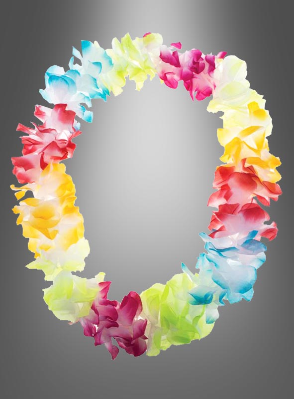 Eine „Bunte Aloha Kette Hawaiikette“, ein farbenfroher Lei aus Kunstblumen, der von traditionellen hawaiianischen Blumenkränzen inspiriert ist, ist in ovaler Form vor einem grau verlaufenden Hintergrund angeordnet.